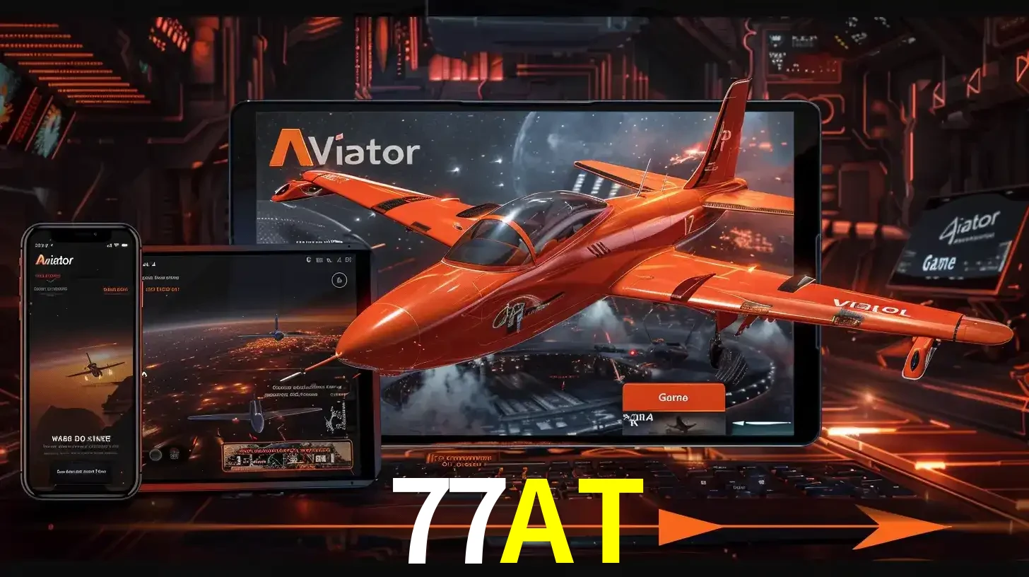 Apresentação tecnológica do jogo Aviator com um avião saindo da tela de um tablet, demonstrando a experiência imersiva em múltiplos dispositivos no 77AT.