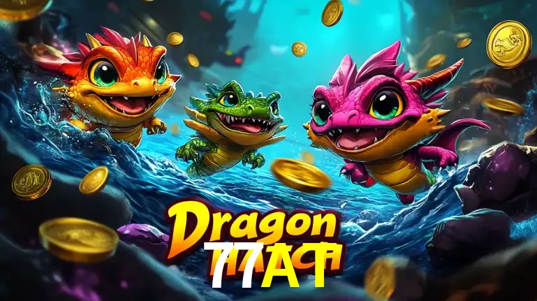 Arte promocional do jogo Dragon Hatch com três adoráveis dragões bebês nadando entre moedas de ouro, um dos slots mais divertidos para jogar no cassino 77AT.