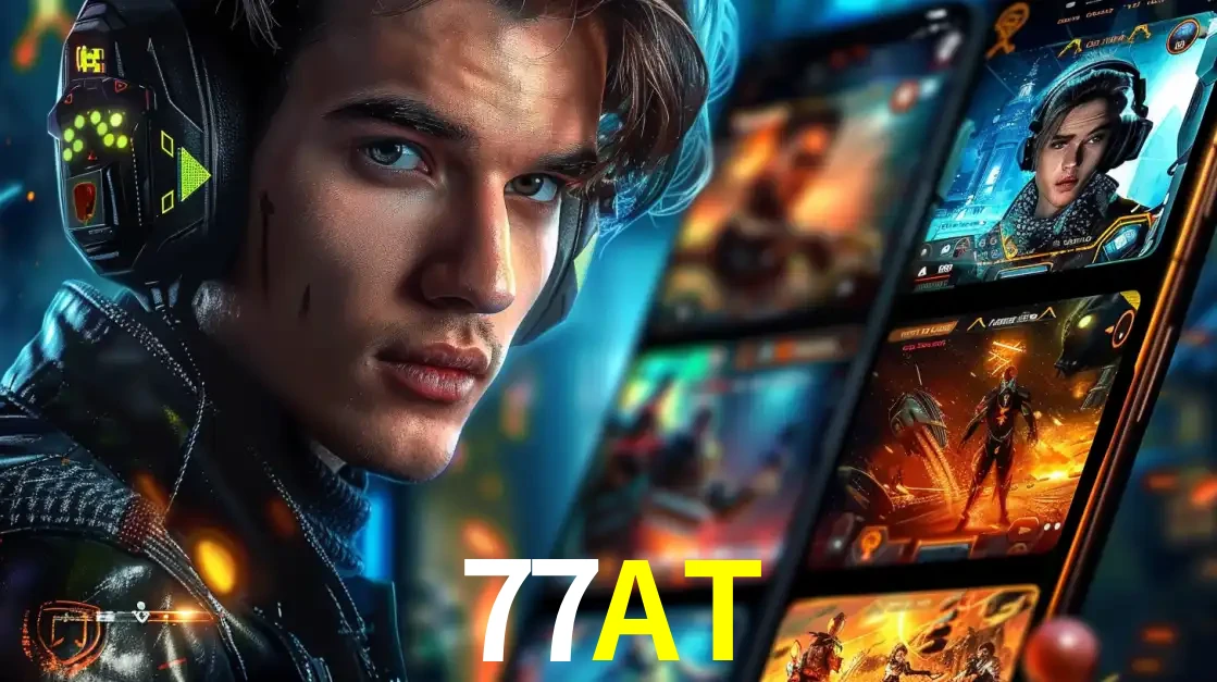 Jovem jogador com fones de ouvido olhando para a câmera, com um aplicativo de jogos e e-sports para celular ao fundo, pronto para a competição e apostas no 77AT.