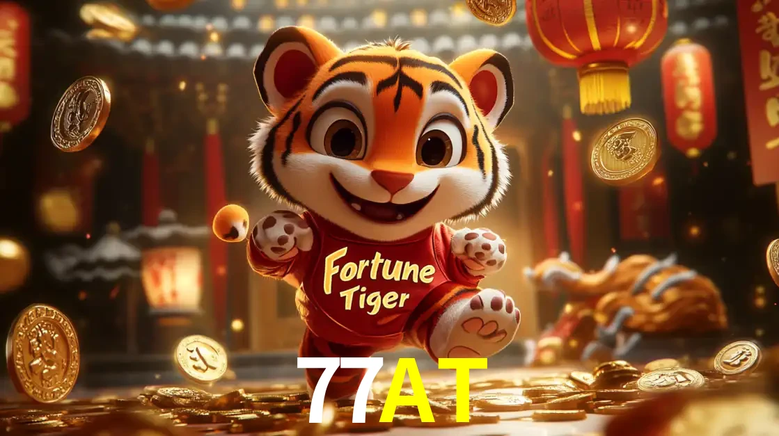 O alegre personagem do Fortune Tiger correndo sobre um caminho de moedas de ouro, simbolizando os grandes prêmios e a diversão do popular jogo de slot do 77AT.