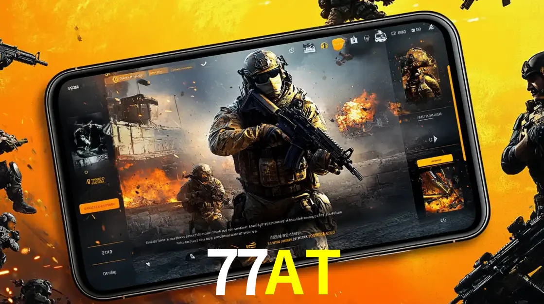 Um smartphone exibindo a interface de um jogo de tiro em primeira pessoa, com um soldado em um cenário de batalha, representando a ação dos e-sports para apostar no 77AT.