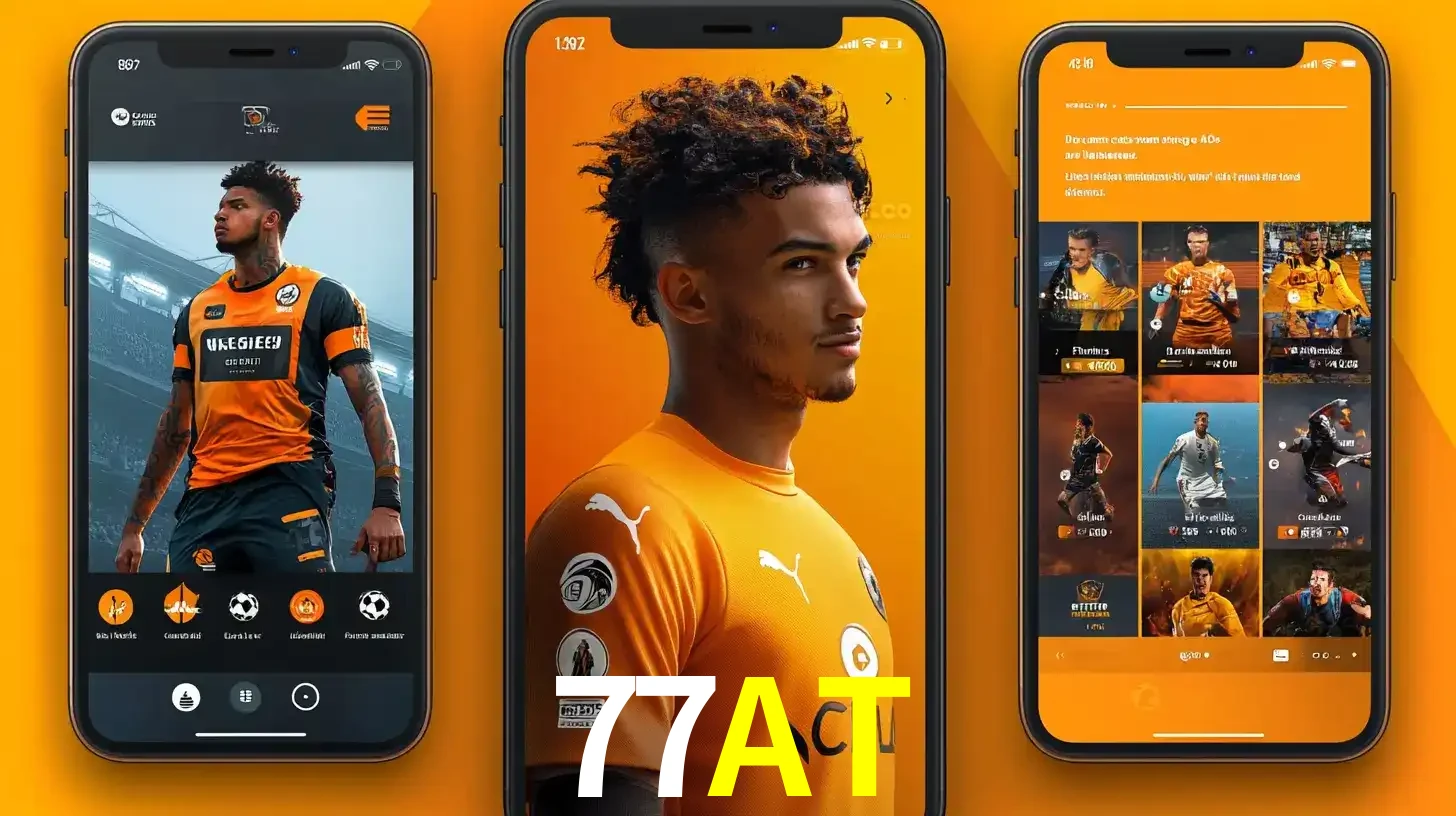 Interface do aplicativo de apostas esportivas 77AT em três telas de celular, mostrando o perfil de um jogador de futebol e a lista de jogos disponíveis para apostar.