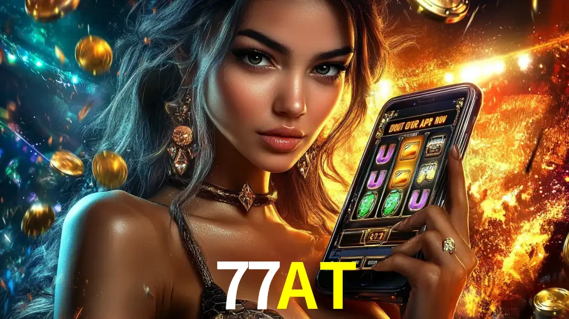 Mulher elegante mostrando um jogo de caça-níqueis em seu smartphone, destacando a experiência de cassino móvel oferecida pelo aplicativo 77AT.