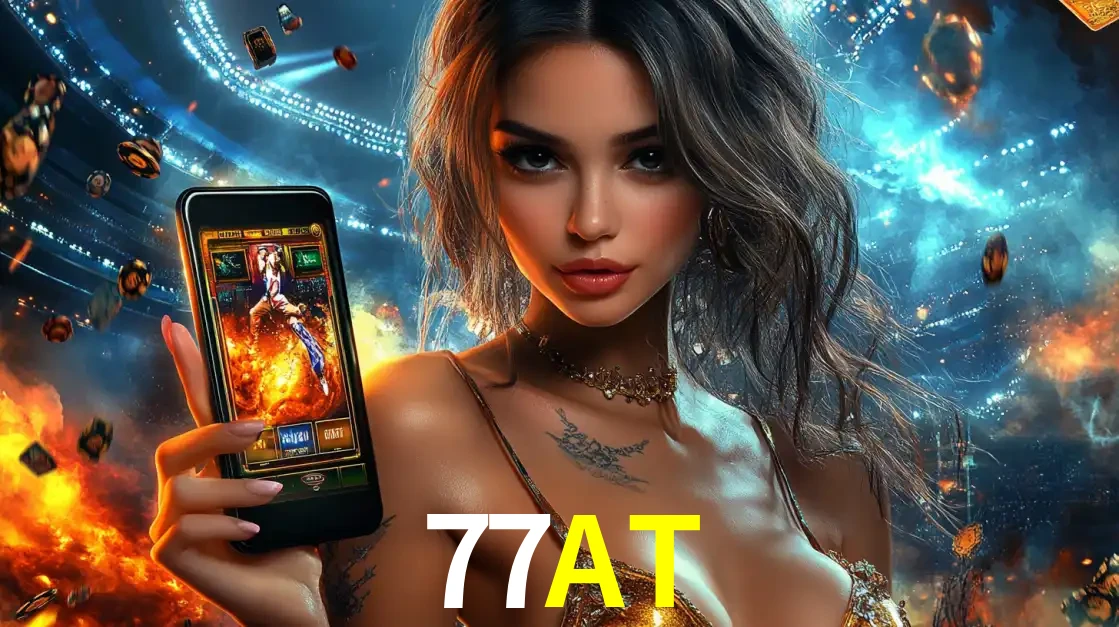 Mulher segurando um celular com um jogo de slot em destaque, tendo como fundo um estádio vibrante, simbolizando a emoção de jogar no cassino móvel 77AT.